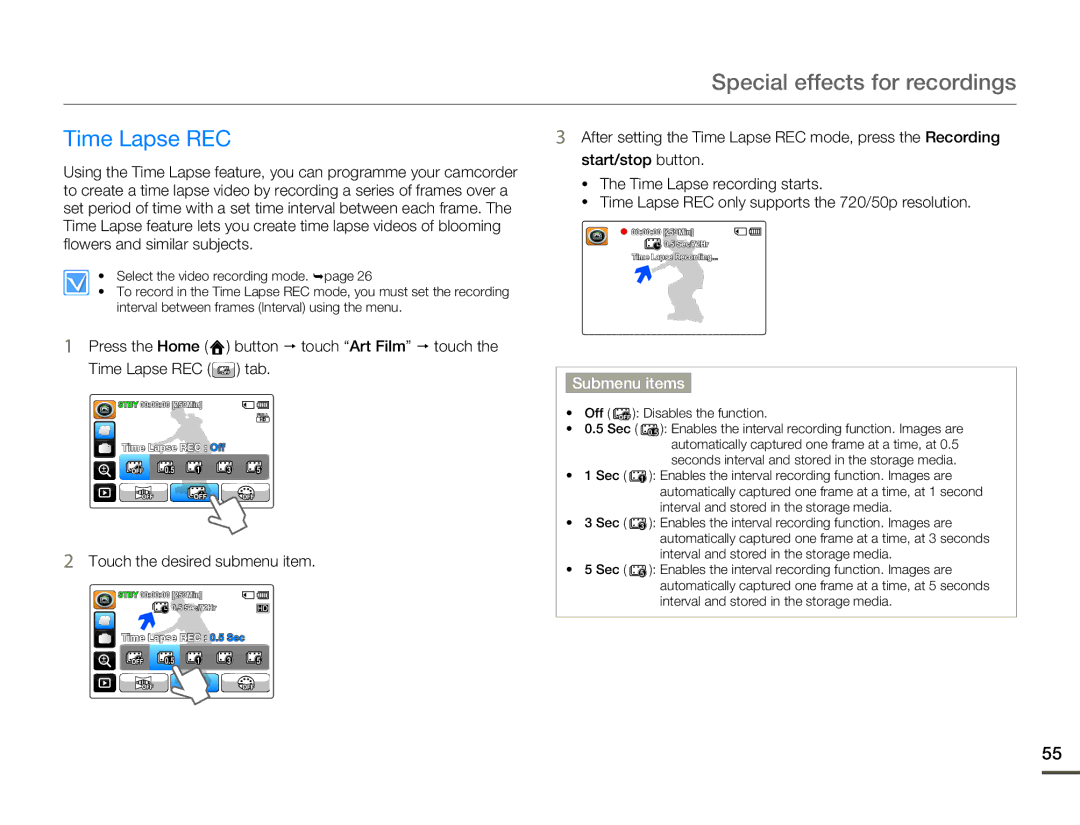 Samsung HMX-Q10TP/XIL, HMX-Q10TP/EDC, HMX-Q10UP/MEA, HMX-Q10UP/EDC manual Special effects for recordings, Time Lapse REC 