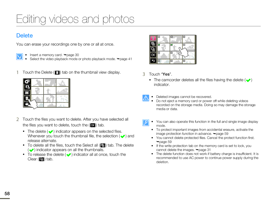 Samsung HMX-Q10UP/MEA, HMX-Q10TP/EDC, HMX-Q10UP/EDC, HMX-Q10PP/EDC, HMX-Q10BP/MEA manual Editing videos and photos, Delete 