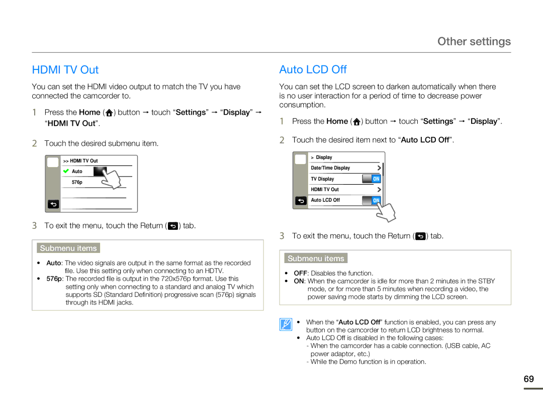 Samsung HMX-Q10PP/XER, HMX-Q10TP/EDC, HMX-Q10UP/MEA, HMX-Q10UP/EDC, HMX-Q10PP/EDC, HMX-Q10BP/MEA Hdmi TV Out, Auto LCD Off 