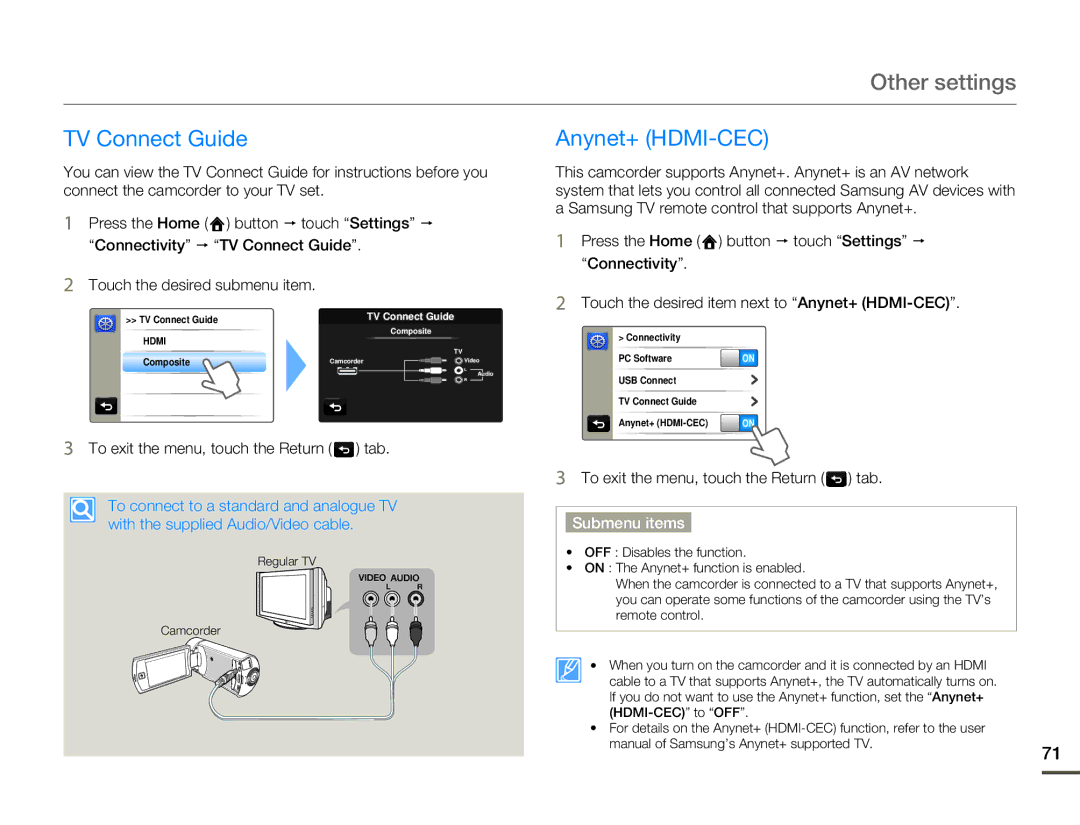 Samsung HMX-Q10BP/XER, HMX-Q10TP/EDC, HMX-Q10UP/MEA, HMX-Q10UP/EDC, HMX-Q10PP/EDC manual TV Connect Guide Anynet+ HDMI-CEC 