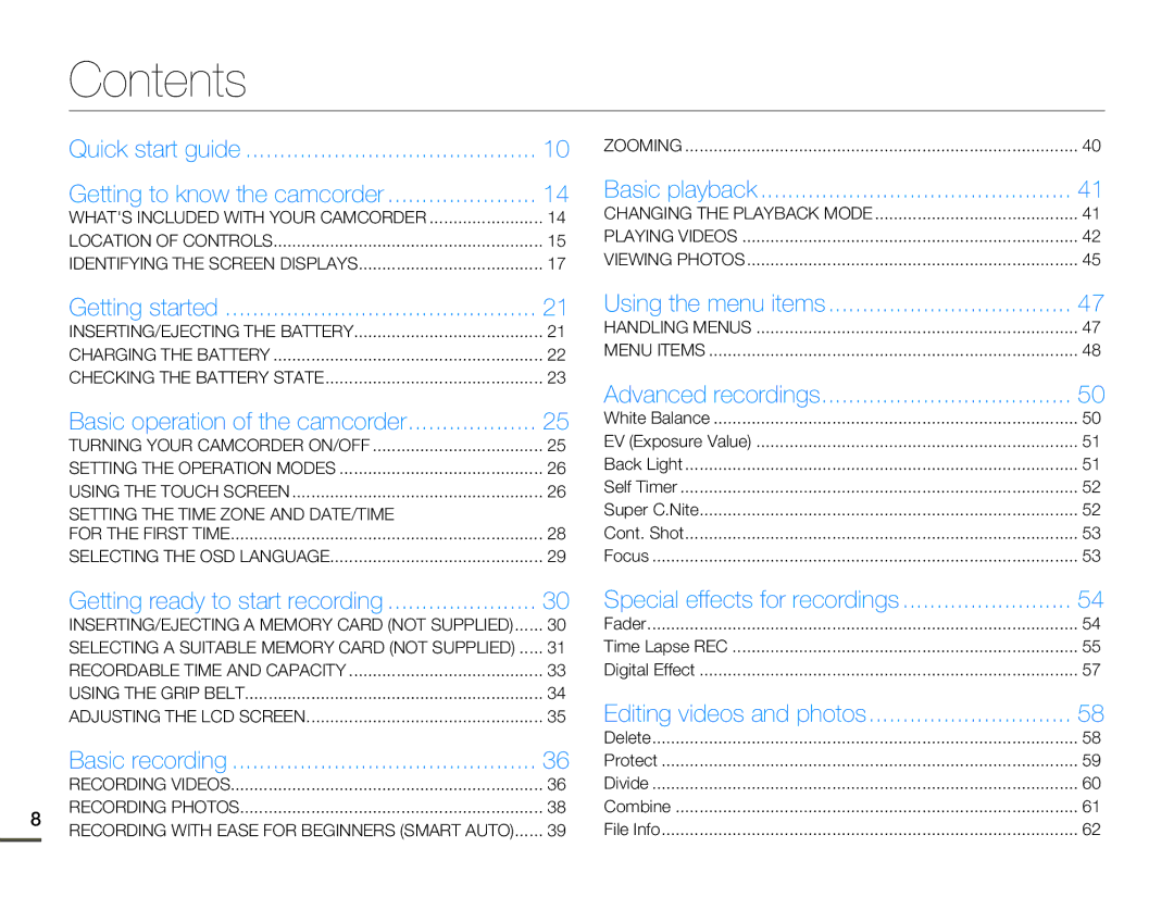 Samsung HMX-Q130BP/XSV, HMX-Q10TP/EDC, HMX-Q10UP/MEA, HMX-Q10UP/EDC, HMX-Q10PP/EDC, HMX-Q10BP/MEA, HMX-Q10BP/EDC manual Contents 