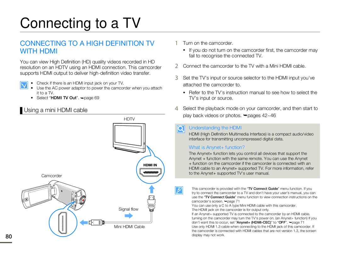 Samsung HMX-Q10BP/MEA manual Connecting to a TV, Connecting to a High Definition TV with Hdmi, Using a mini Hdmi cable 