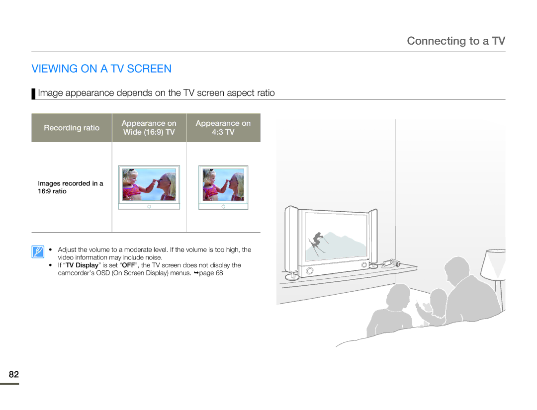 Samsung HMX-Q100BP/EDC, HMX-Q10TP/EDC manual Viewing on a TV Screen, Image appearance depends on the TV screen aspect ratio 