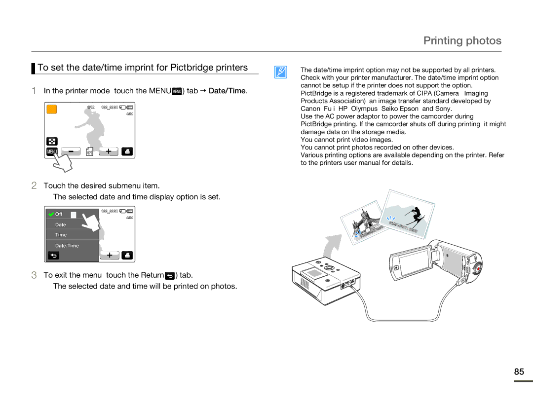 Samsung HMX-Q10BN/XAA, HMX-Q10TP/EDC, HMX-Q10UP/MEA Printing photos, To set the date/time imprint for Pictbridge printers 