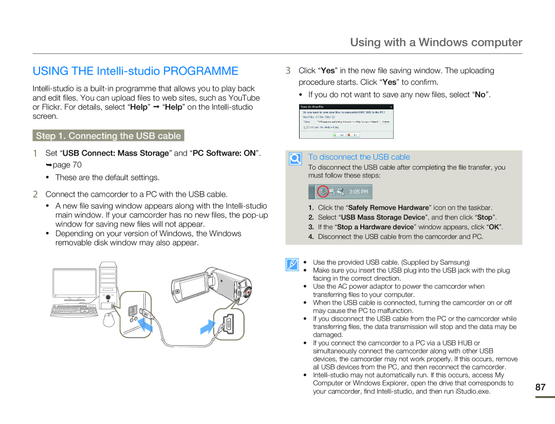 Samsung HMX-Q100BP/XER manual Using with a Windows computer, Using the Intelli-studio Programme, Connecting the USB cable 