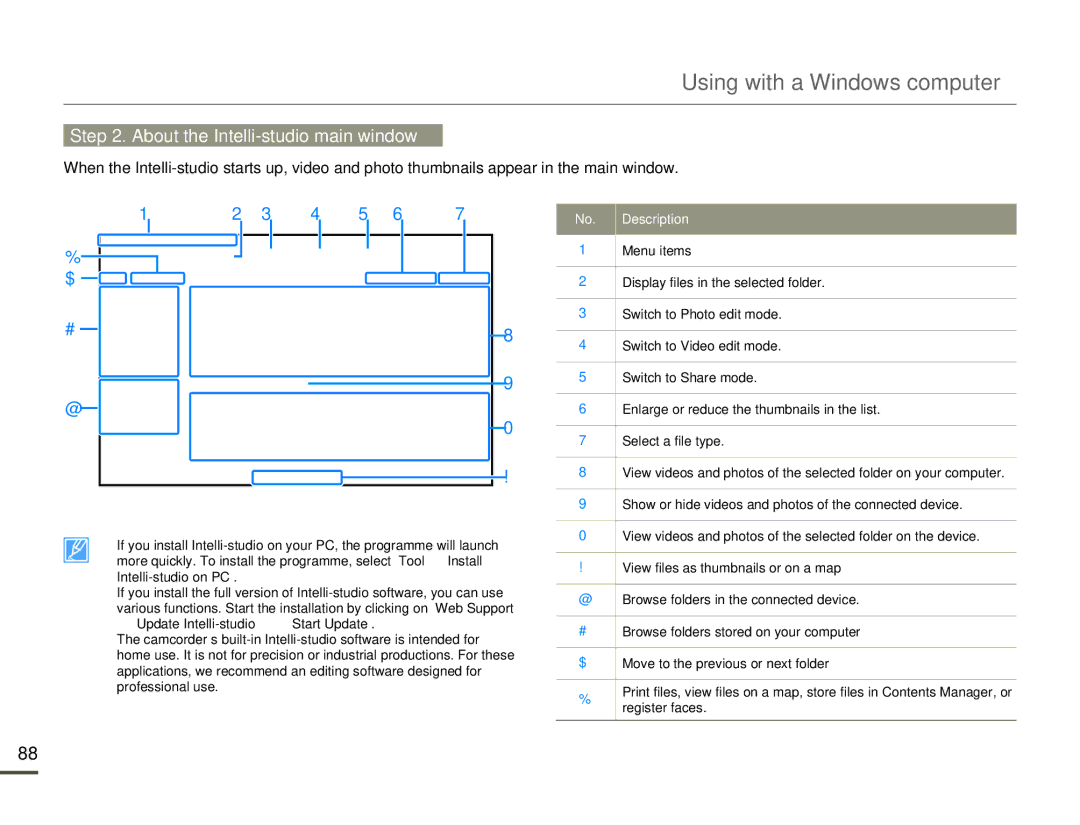 Samsung HMX-Q10PP/XER, HMX-Q10TP/EDC, HMX-Q10UP/MEA, HMX-Q10UP/EDC, HMX-Q10PP/EDC manual About the Intelli-studio main window 