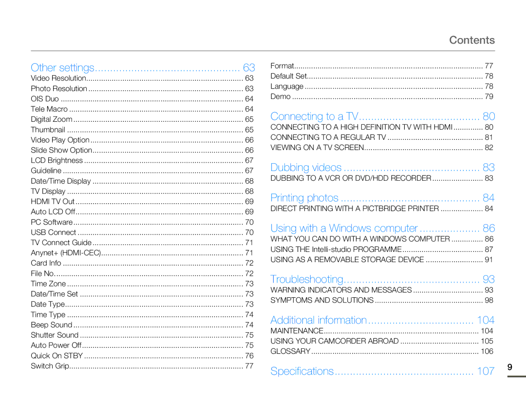 Samsung HMX-Q10BN/XAA, HMX-Q10TP/EDC, HMX-Q10UP/MEA, HMX-Q10UP/EDC, HMX-Q10PP/EDC, HMX-Q10BP/MEA, HMX-Q10BP/EDC manual Contents 