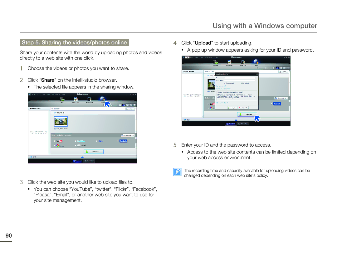 Samsung HMX-Q10BP/XER, HMX-Q10TP/EDC, HMX-Q10UP/MEA, HMX-Q10UP/EDC, HMX-Q10PP/EDC manual Sharing the videos/photos online 