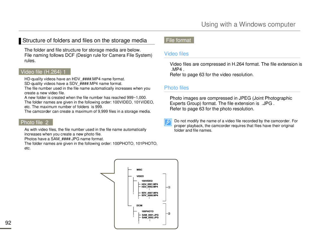 Samsung HMX-Q10BP/XEK manual Structure of folders and files on the storage media, Video file H.264, Photo file, File format 