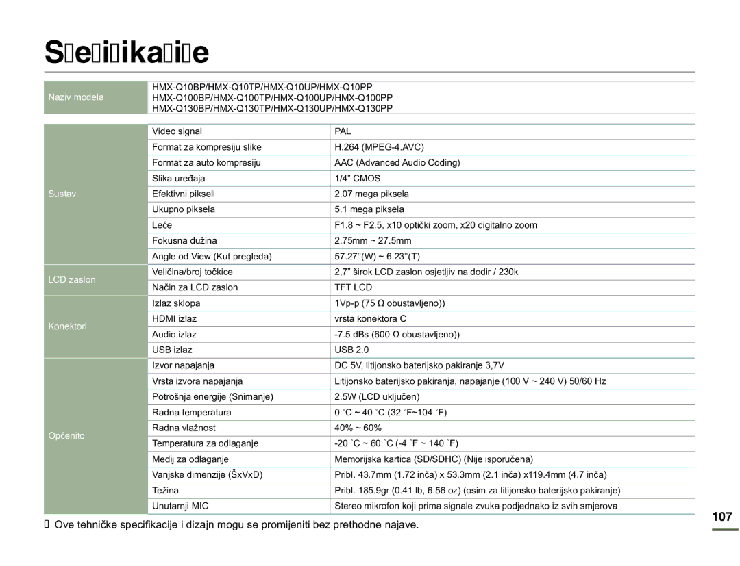 Samsung HMX-Q10BP/EDC, HMX-Q10UP/EDC manual Specifikacije 