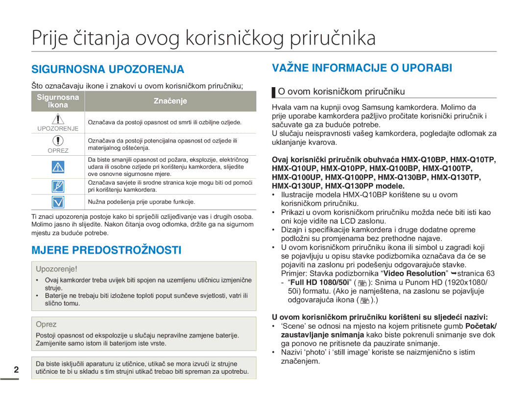 Samsung HMX-Q10UP/EDC, HMX-Q10BP/EDC Prije čitanja ovog korisničkog priručnika, Sigurnosna Upozorenja, 24&15641Ŀ0156+ 