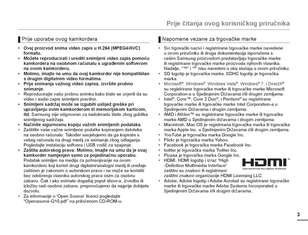 Samsung HMX-Q10BP/EDC, HMX-Q10UP/EDC manual Prije čitanja ovog korisničkog priručnika 