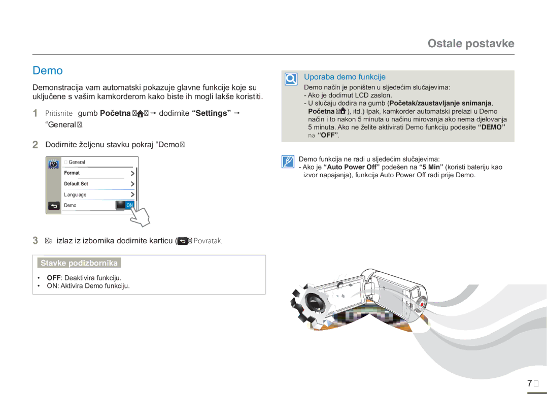 Samsung HMX-Q10BP/EDC manual Pritisnite JXPE2QìGVPC pGRGLUQLWHő5GVVKPIUŒp, RGLUQLWHåHOMHQXVWDYNXSRNUDM³Demo 