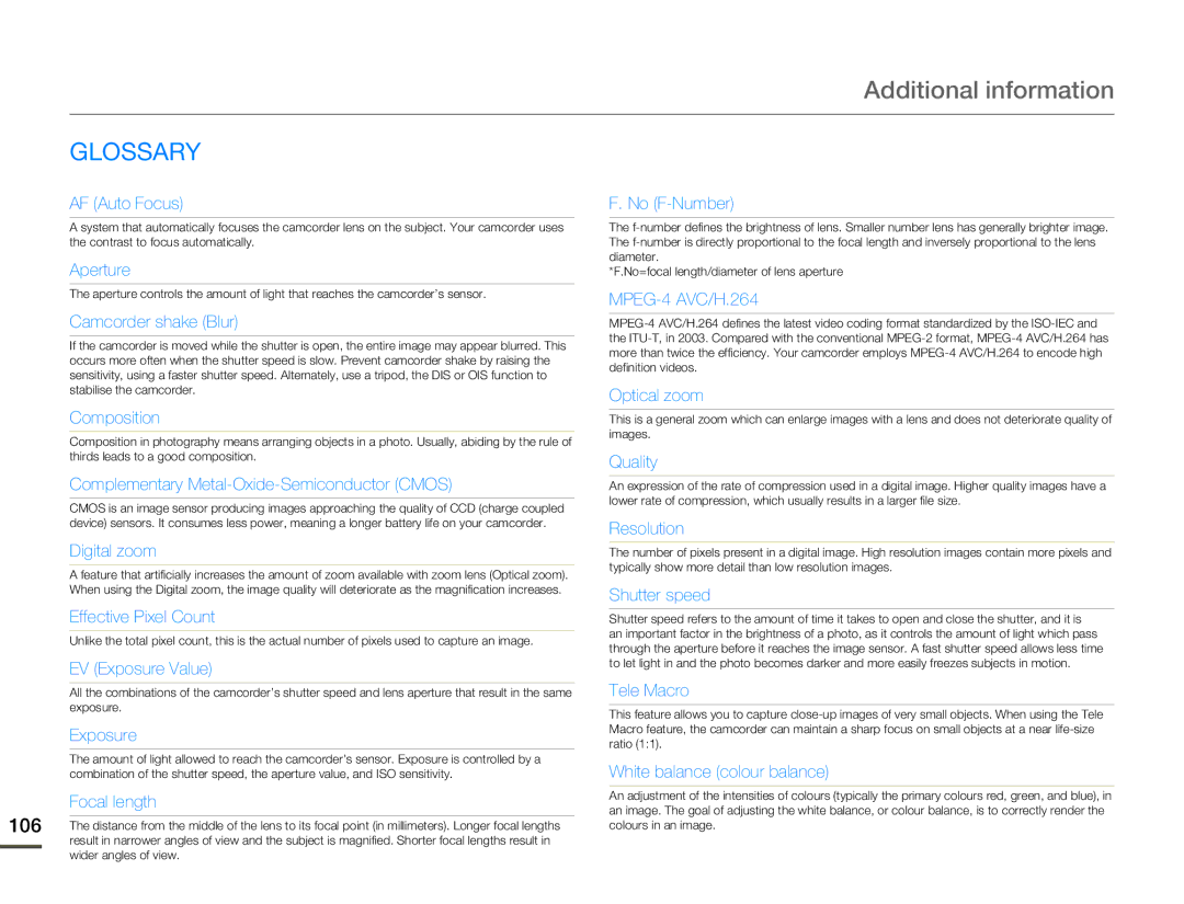 Samsung HMX-Q11TP, HMX-Q130BP, HMX-Q100UP, HMX-Q10BP, HMX-Q11BP, HMX-Q100BP user manual Glossary 