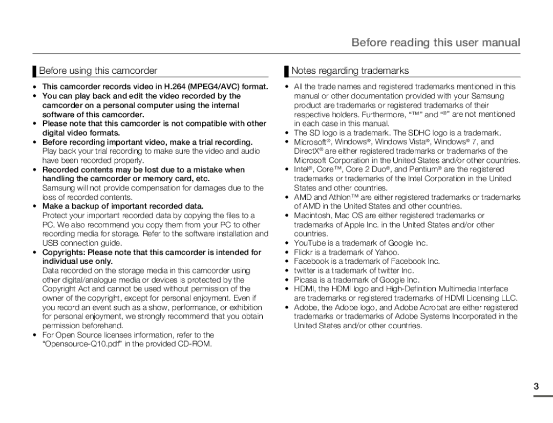 Samsung HMX-Q11BP, HMX-Q130BP, HMX-Q100UP, HMX-Q10BP, HMX-Q11TP, HMX-Q100BP user manual Before using this camcorder 