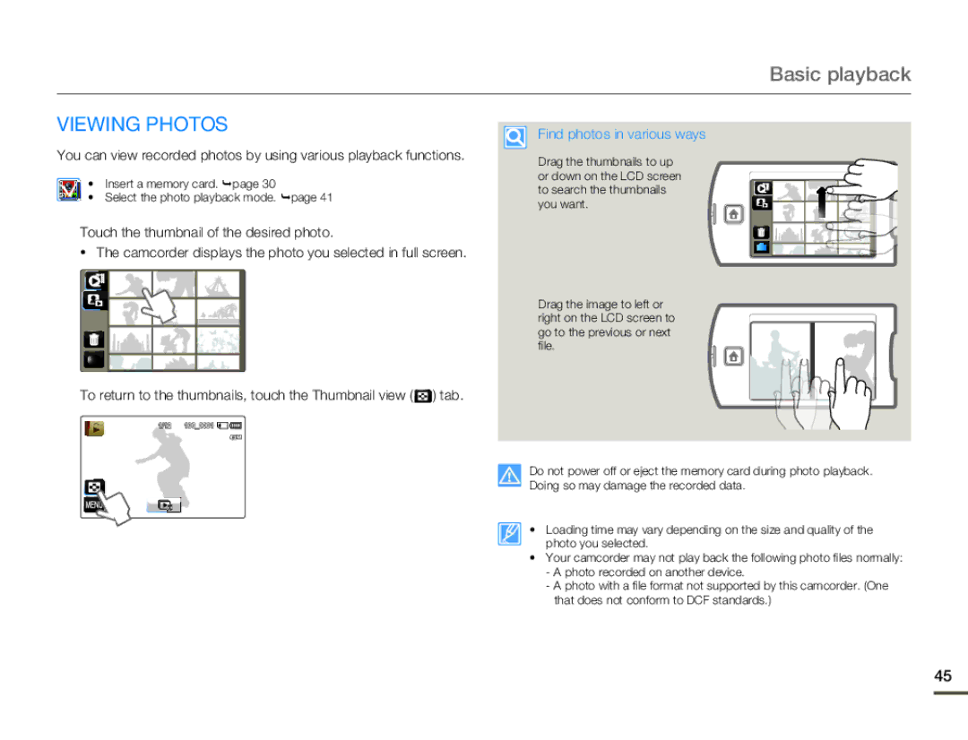 Samsung HMX-Q11BP, HMX-Q130BP, HMX-Q100UP, HMX-Q10BP, HMX-Q11TP, HMX-Q100BP Viewing Photos, Find photos in various ways 