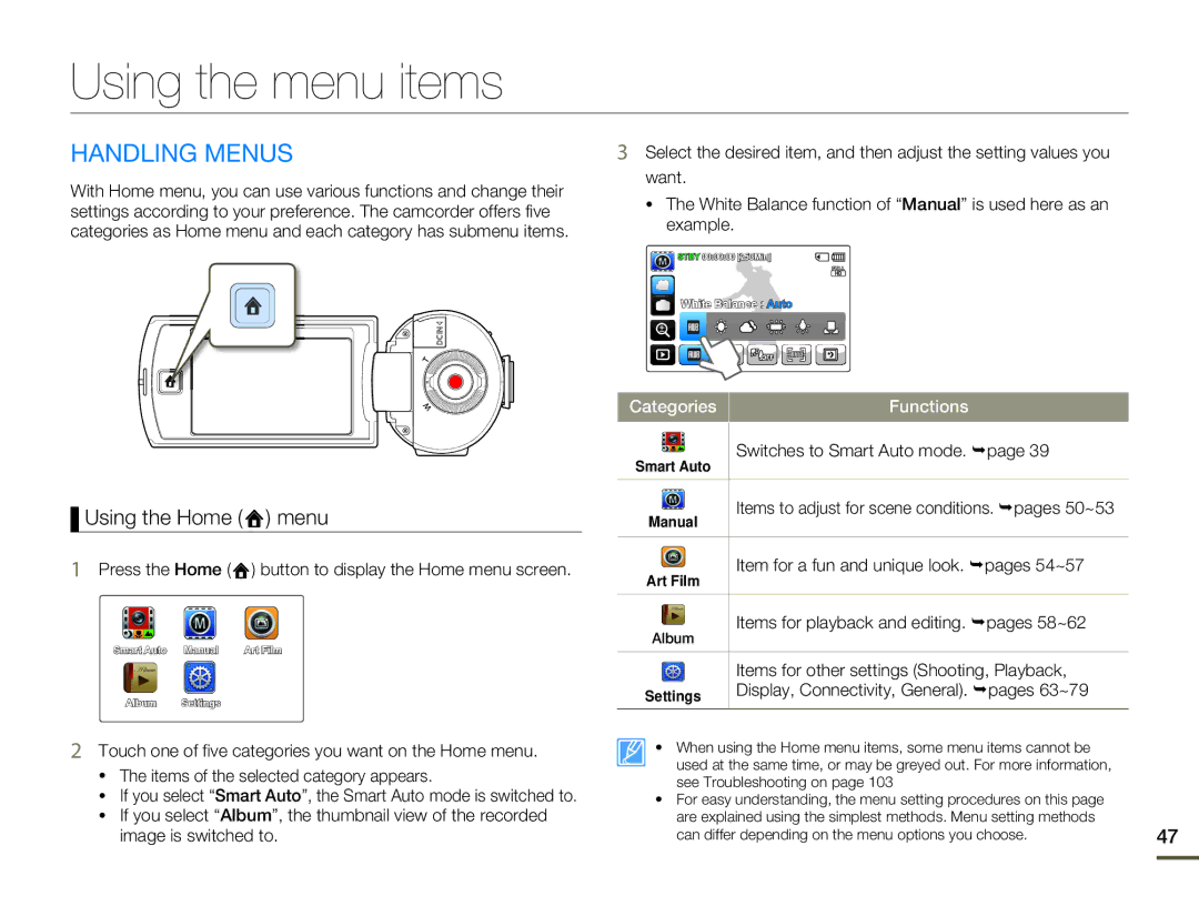 Samsung HMX-Q100BP, HMX-Q130BP, HMX-Q100UP, HMX-Q10BP, HMX-Q11BP Using the menu items, Handling Menus, Using the Home menu 