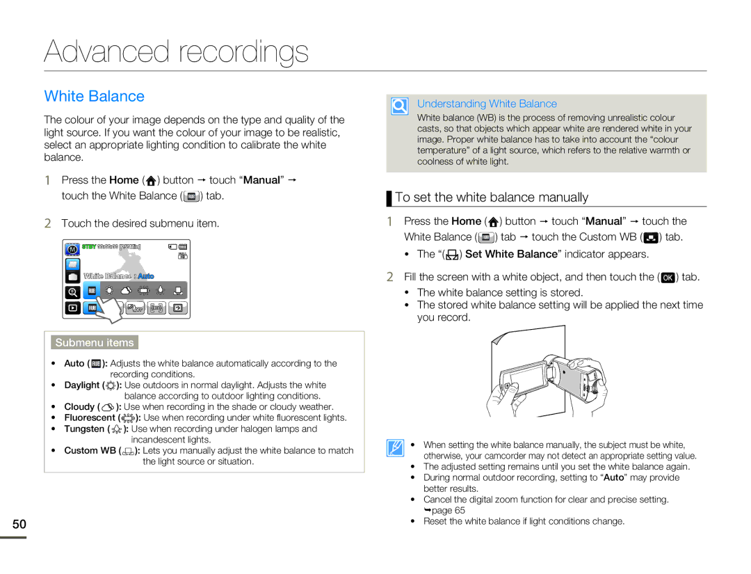 Samsung HMX-Q10BP, HMX-Q130BP Advanced recordings, To set the white balance manually, Understanding White Balance 