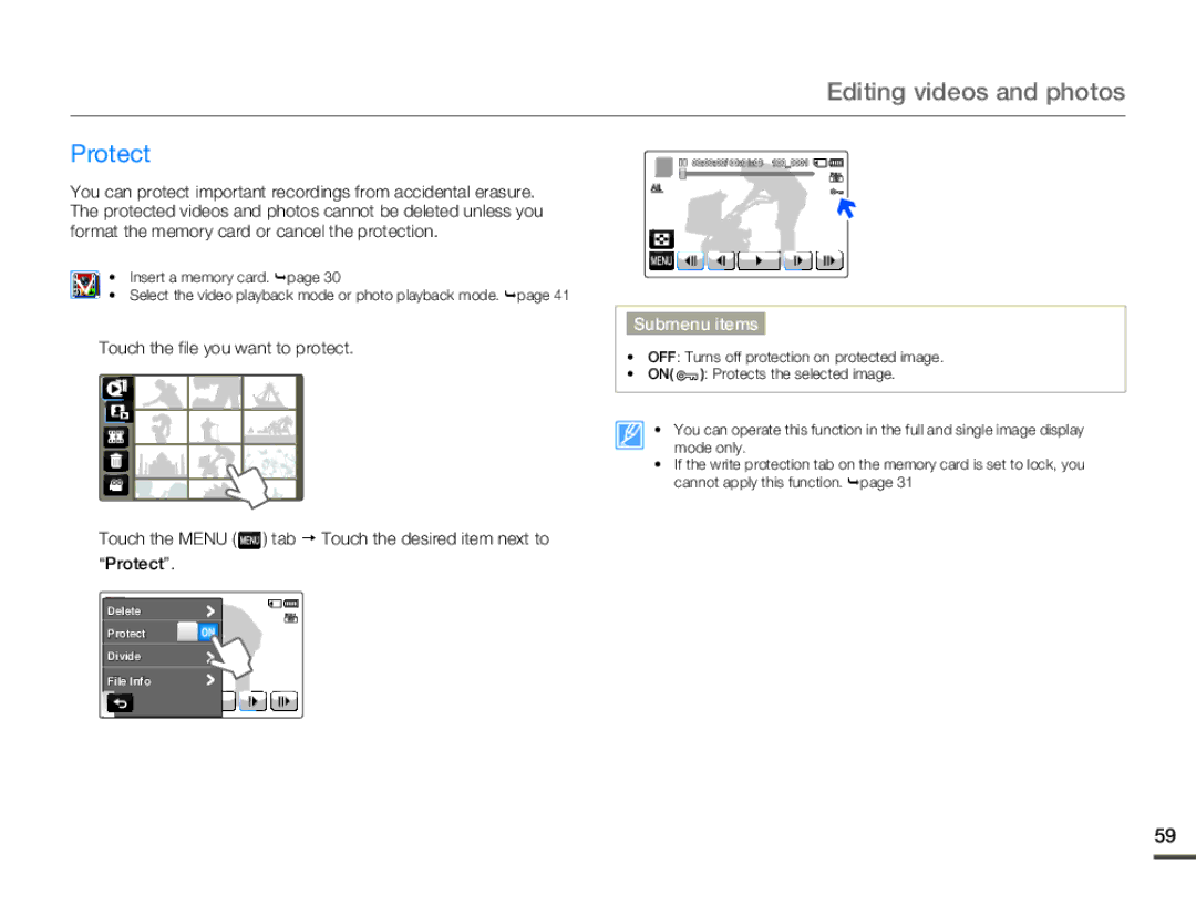 Samsung HMX-Q100BP, HMX-Q130BP, HMX-Q100UP, HMX-Q10BP, HMX-Q11BP, HMX-Q11TP user manual Editing videos and photos, Protect 