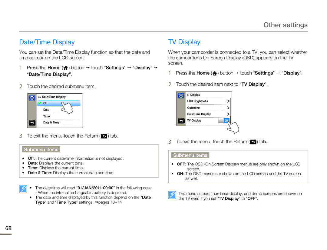 Samsung HMX-Q10BP, HMX-Q130BP, HMX-Q100UP, HMX-Q11BP, HMX-Q11TP, HMX-Q100BP user manual Date/Time Display, TV Display 