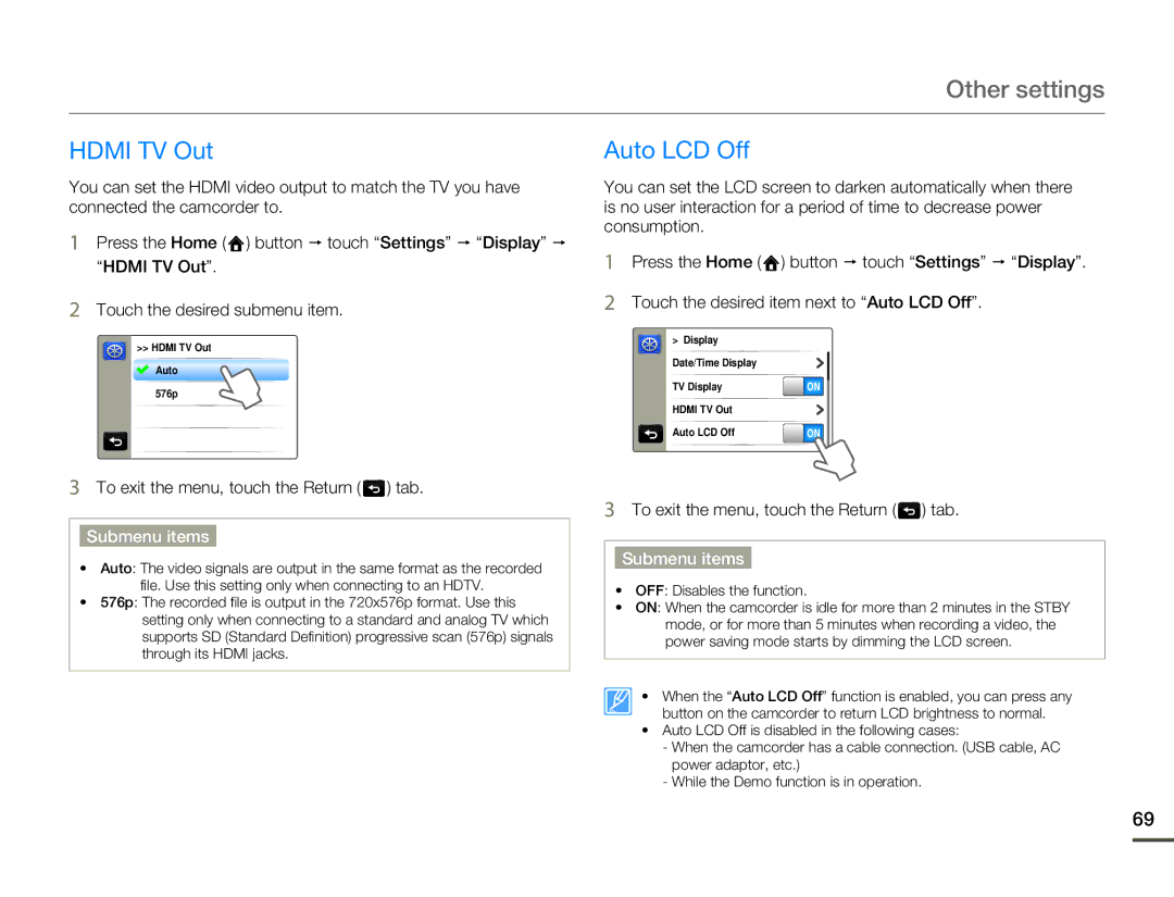 Samsung HMX-Q11BP, HMX-Q130BP, HMX-Q100UP, HMX-Q10BP, HMX-Q11TP, HMX-Q100BP user manual Hdmi TV Out, Auto LCD Off 