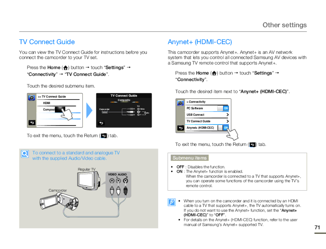 Samsung HMX-Q100BP, HMX-Q130BP, HMX-Q100UP, HMX-Q10BP, HMX-Q11BP, HMX-Q11TP user manual TV Connect Guide Anynet+ HDMI-CEC 