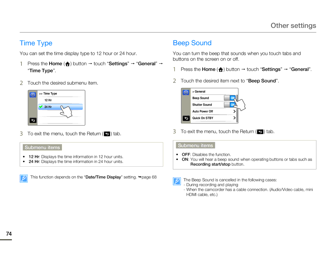Samsung HMX-Q10BP, HMX-Q130BP, HMX-Q100UP, HMX-Q11BP, HMX-Q11TP, HMX-Q100BP user manual Time Type, Beep Sound 