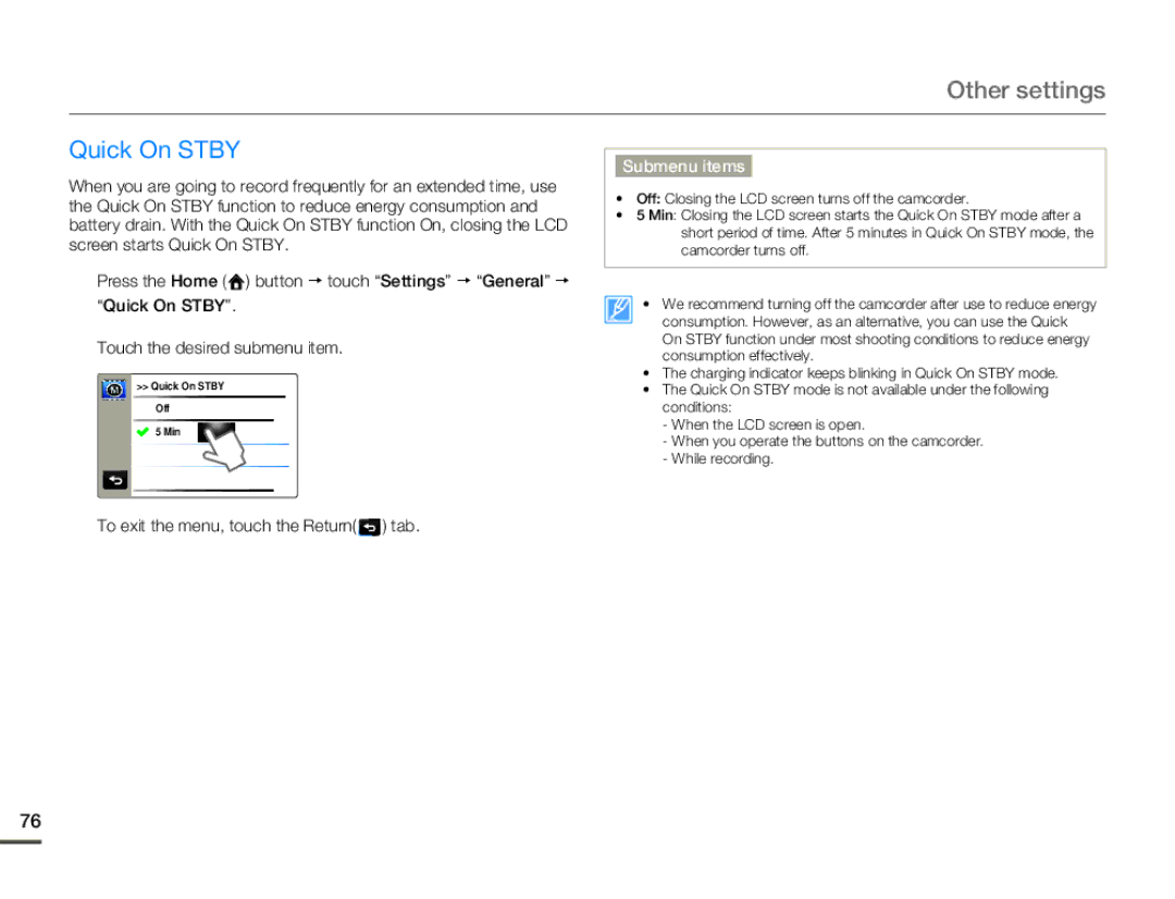 Samsung HMX-Q11TP, HMX-Q130BP, HMX-Q100UP, HMX-Q10BP, HMX-Q11BP, HMX-Q100BP user manual Quick On Stby 