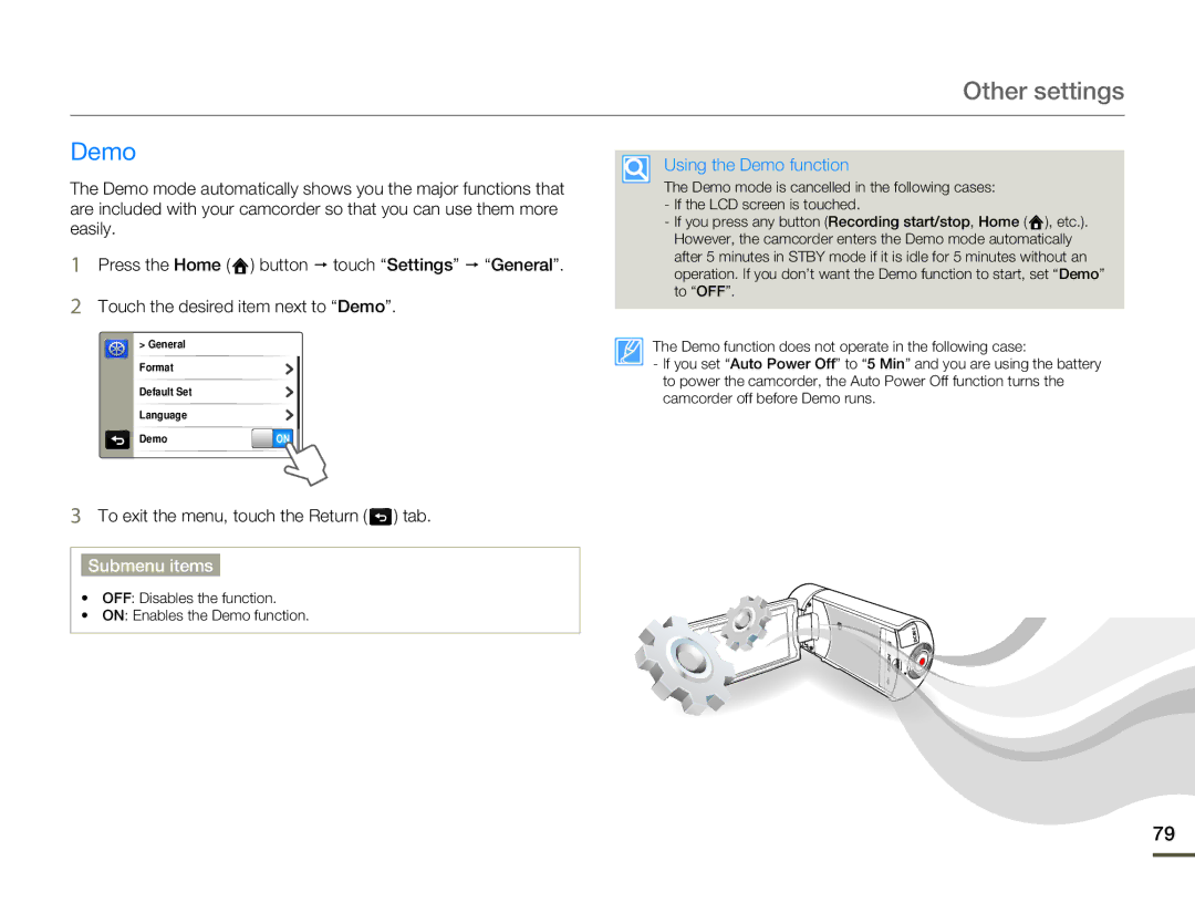 Samsung HMX-Q100UP, HMX-Q130BP, HMX-Q10BP, HMX-Q11BP, HMX-Q11TP, HMX-Q100BP user manual Using the Demo function 