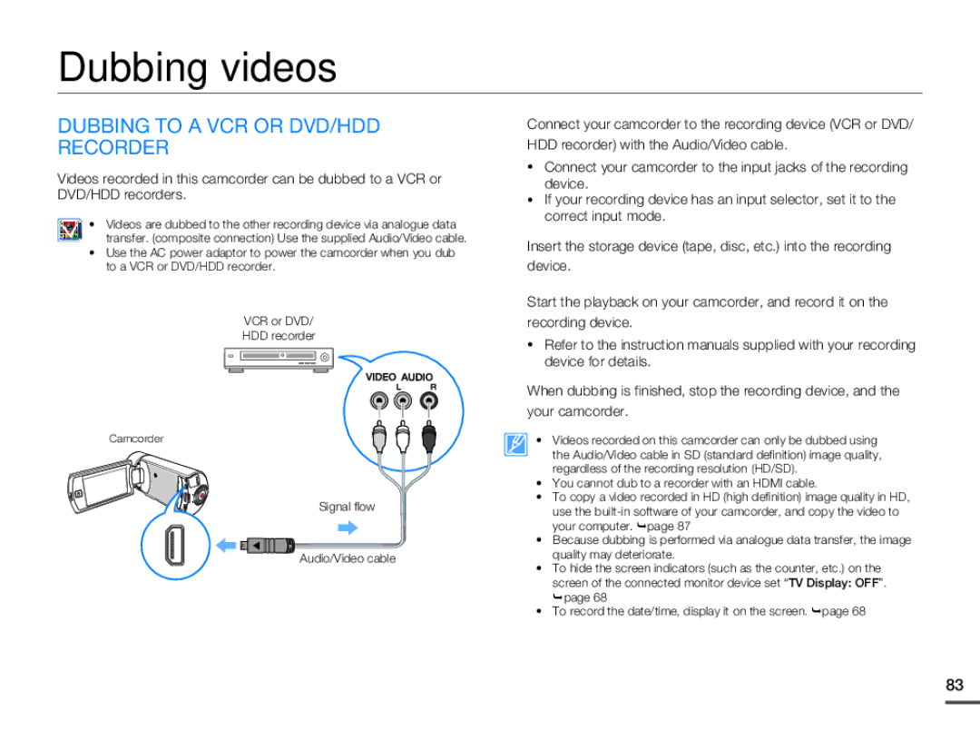 Samsung HMX-Q100BP, HMX-Q130BP, HMX-Q100UP, HMX-Q10BP, HMX-Q11BP Dubbing videos, Dubbing to a VCR or DVD/HDD Recorder 