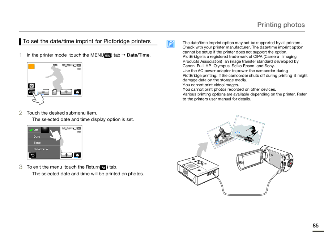 Samsung HMX-Q100UP, HMX-Q130BP, HMX-Q10BP, HMX-Q11BP Printing photos, To set the date/time imprint for Pictbridge printers 