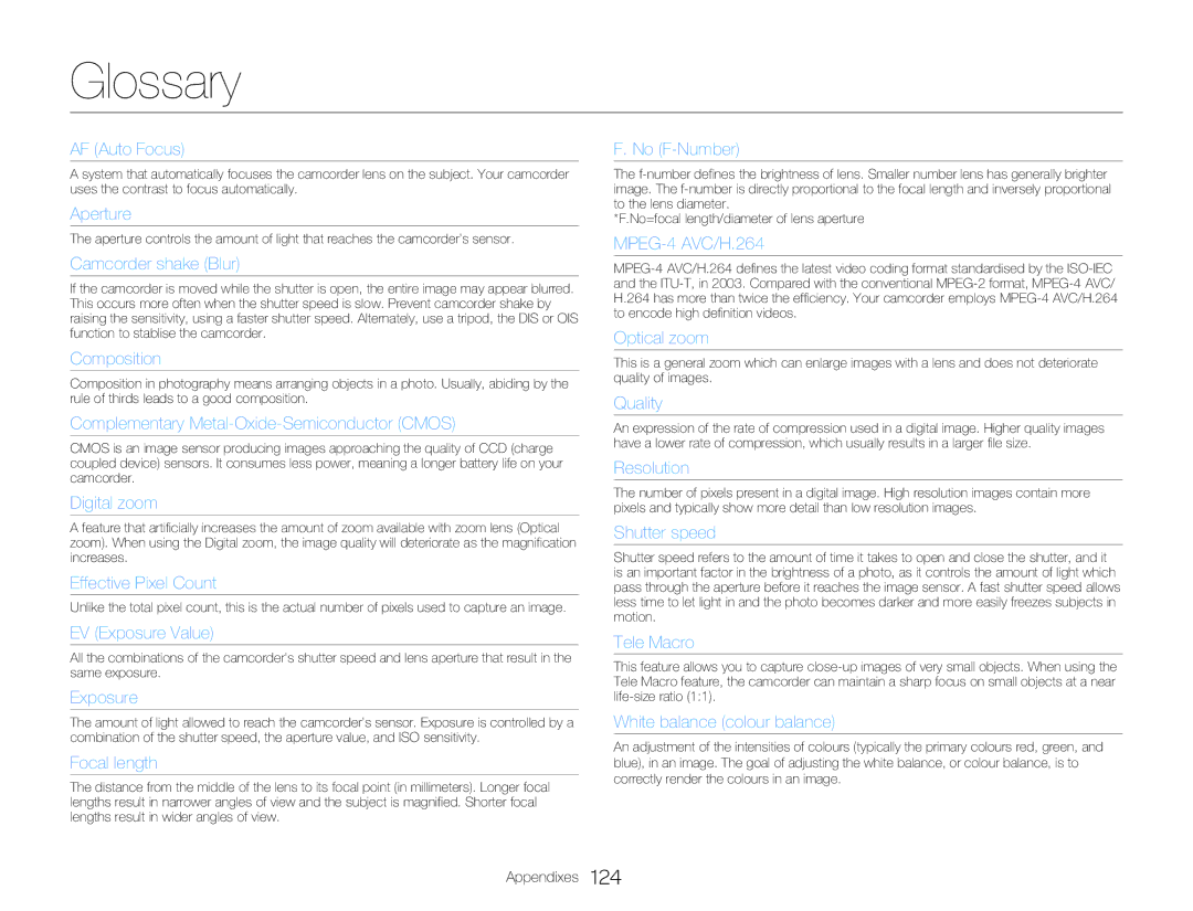 Samsung HMX-Q20BP/MEA, HMX-Q200BP/EDC, HMX-QF20BP/EDC, HMX-Q20TP/EDC, HMX-Q20BP/EDC, HMX-Q20RP/HAC Glossary, AF Auto Focus 