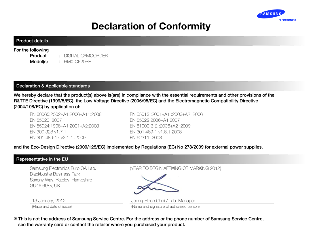 Samsung HMX-QF20BP/XER, HMX-Q200BP/EDC, HMX-QF20BP/EDC manual Declaration of Conformity, Samsung Electronics Euro QA Lab 