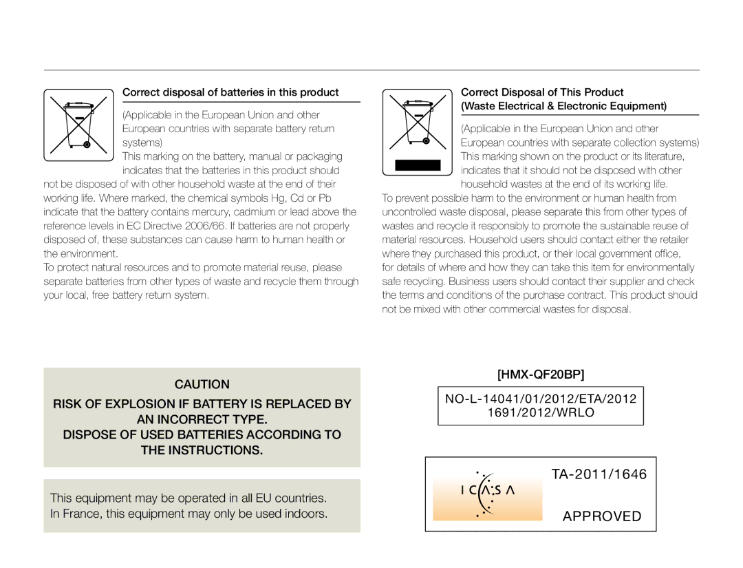 Samsung HMX-Q20RP/XER NO-L-14041/01/2012/ETA/2012 1691/2012/WRLO, Correct disposal of batteries in this product, Systems 