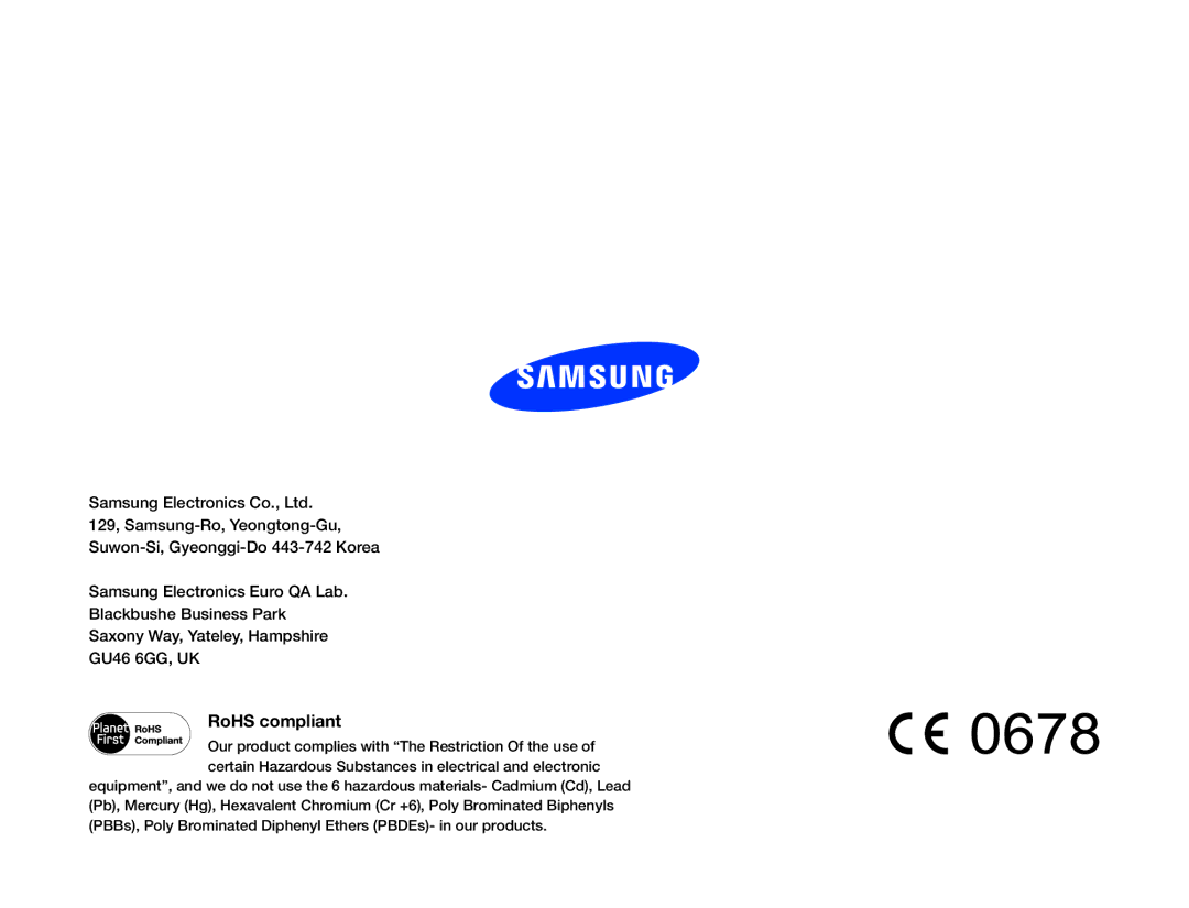 Samsung HMX-QF22BP/XER, HMX-Q200BP/EDC, HMX-QF20BP/EDC, HMX-Q20TP/EDC, HMX-Q20BP/EDC, HMX-Q20BP/MEA manual RoHS compliant 