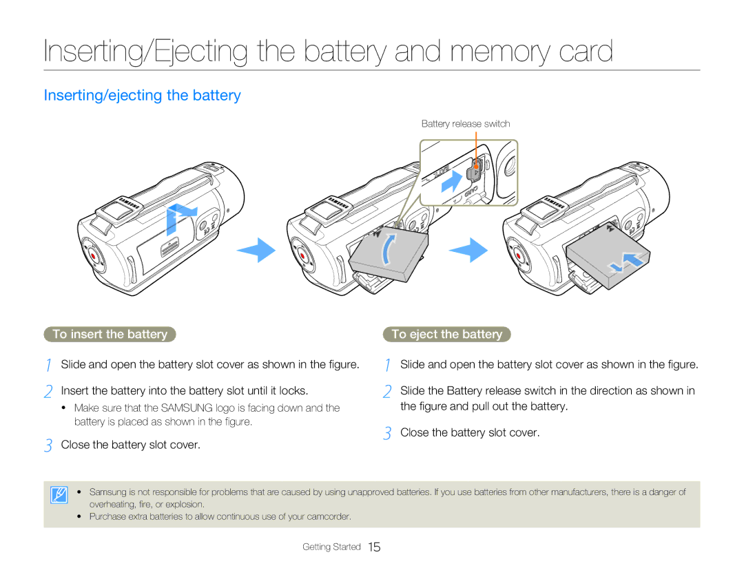 Samsung HMX-Q200BP/EDC, HMX-QF20BP/EDC manual Inserting/Ejecting the battery and memory card, Inserting/ejecting the battery 