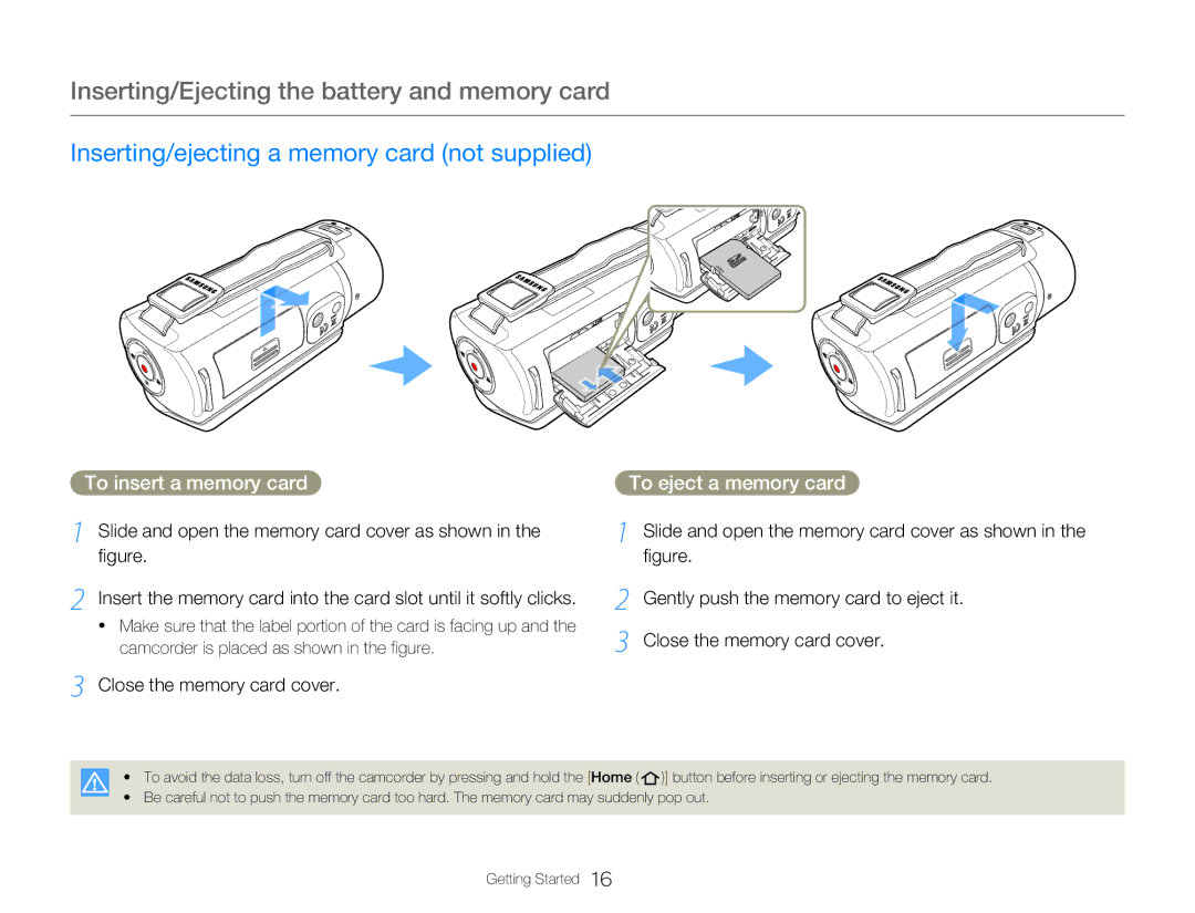 Samsung HMX-QF20BP/EDC manual Inserting/Ejecting the battery and memory card, Inserting/ejecting a memory card not supplied 