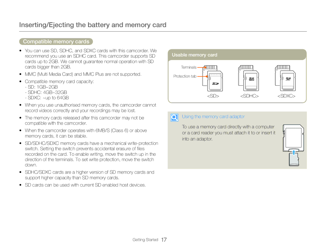 Samsung HMX-Q20TP/EDC, HMX-Q200BP/EDC, HMX-QF20BP/EDC, HMX-Q20BP/EDC Compatible memory cards, Using the memory card adaptor 