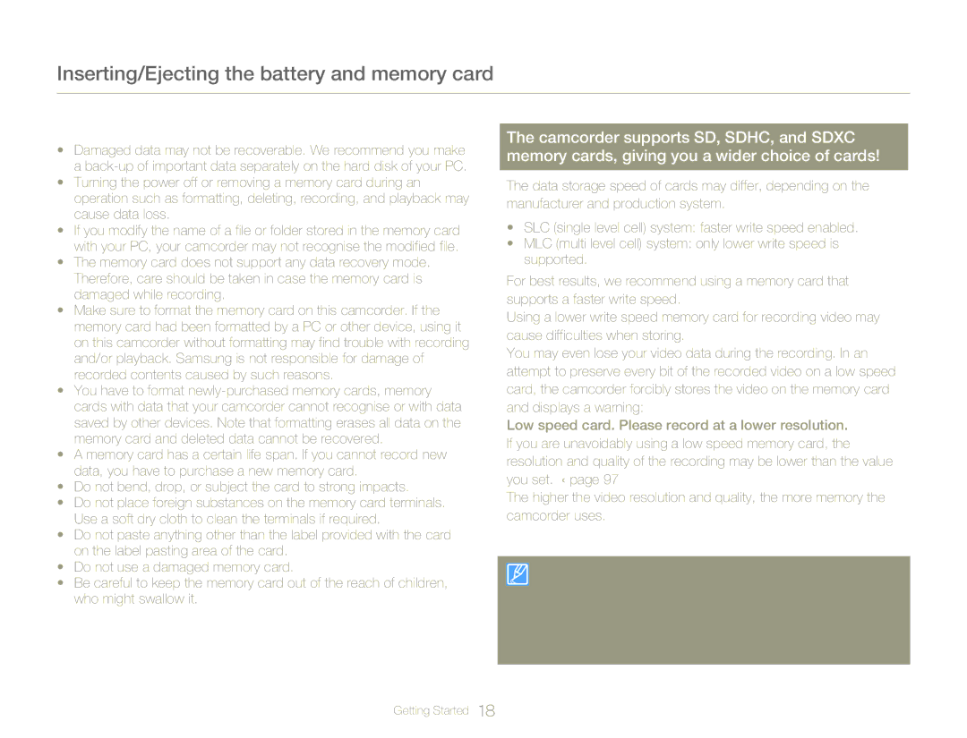 Samsung HMX-Q20BP/EDC, HMX-Q200BP/EDC Handling a memory card, Do not bend, drop, or subject the card to strong impacts 