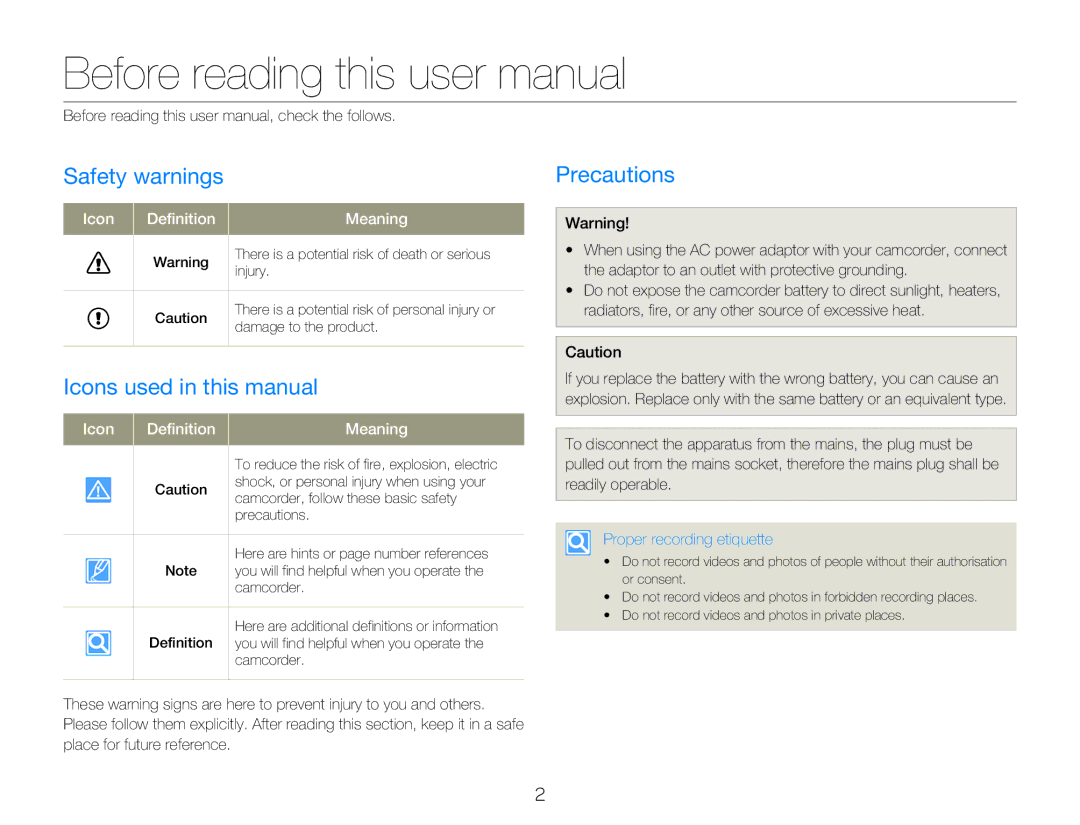 Samsung HMX-Q20TP/EDC, HMX-Q200BP/EDC Safety warnings, Icons used in this manual, Precautions, Proper recording etiquette 