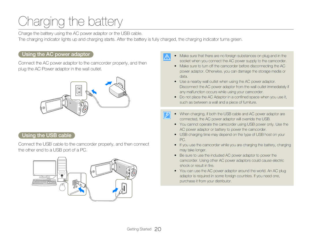 Samsung HMX-Q20RP/HAC, HMX-Q200BP/EDC, HMX-QF20BP/EDC Charging the battery, Using the AC power adaptor, Using the USB cable 