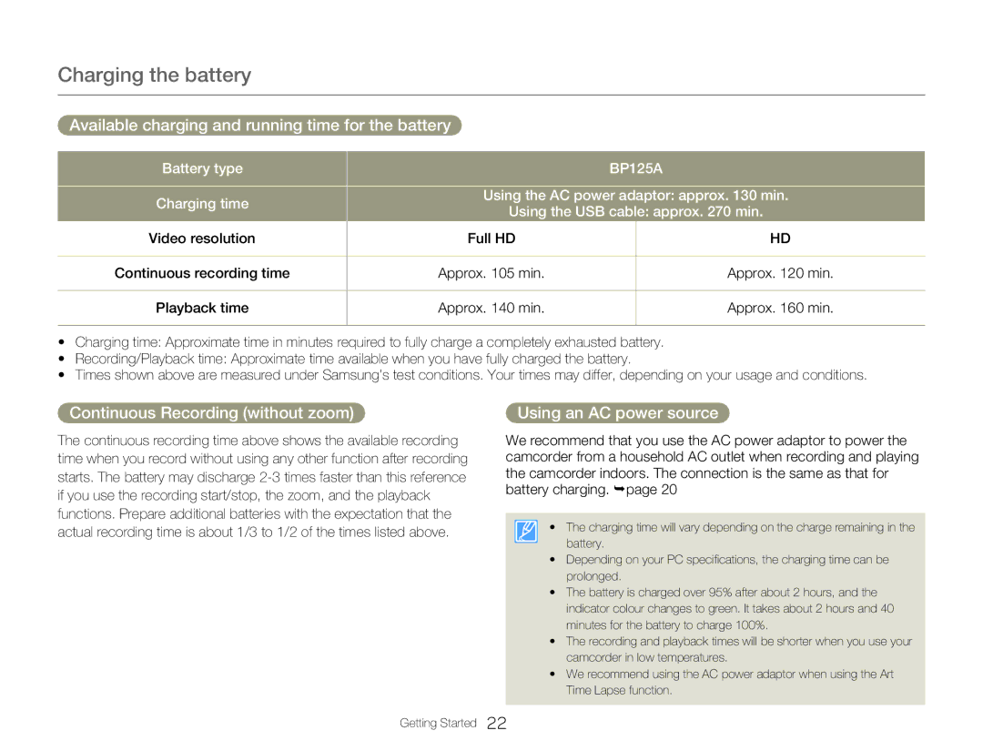 Samsung HMX-Q20BP/XER Available charging and running time for the battery, Video resolution, Continuous recording time 