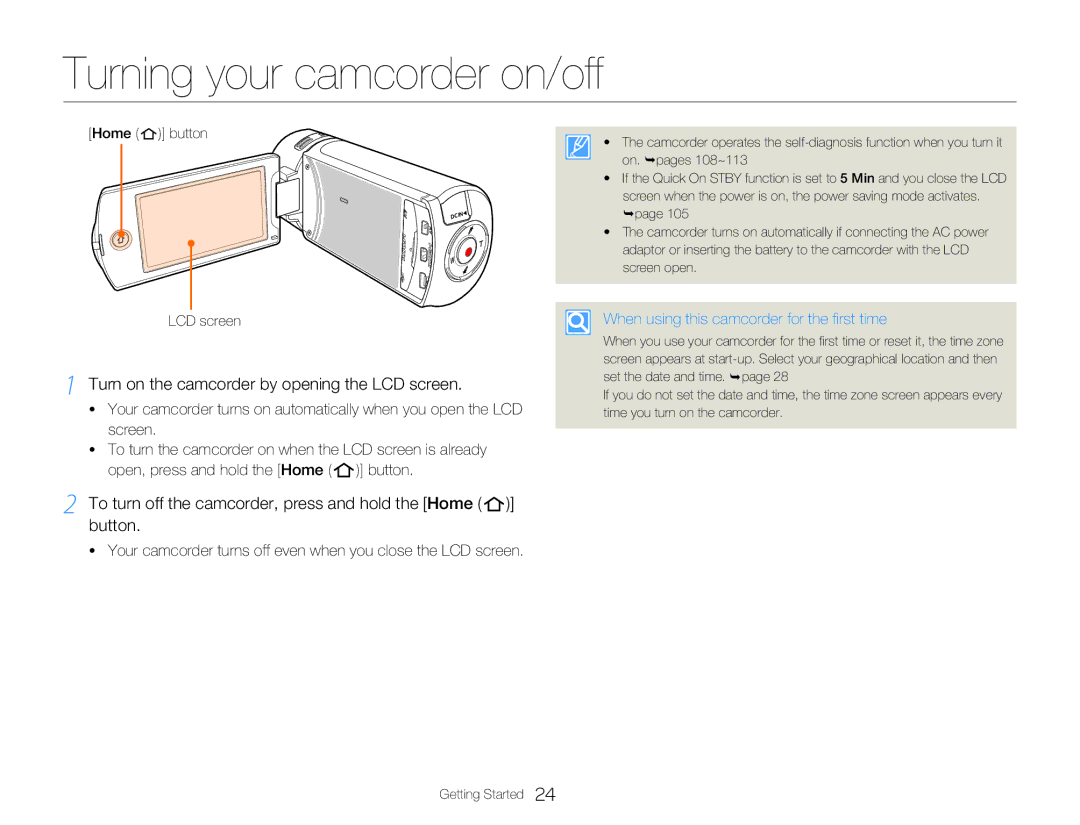 Samsung HMX-Q20BP/HAC, HMX-Q200BP/EDC manual Turning your camcorder on/off, Turn on the camcorder by opening the LCD screen 