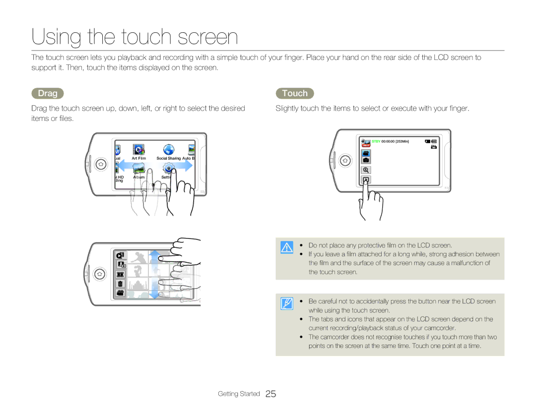 Samsung HMX-Q20TP/XER, HMX-Q200BP/EDC, HMX-QF20BP/EDC, HMX-Q20TP/EDC, HMX-Q20BP/EDC manual Using the touch screen, Drag, Touch 