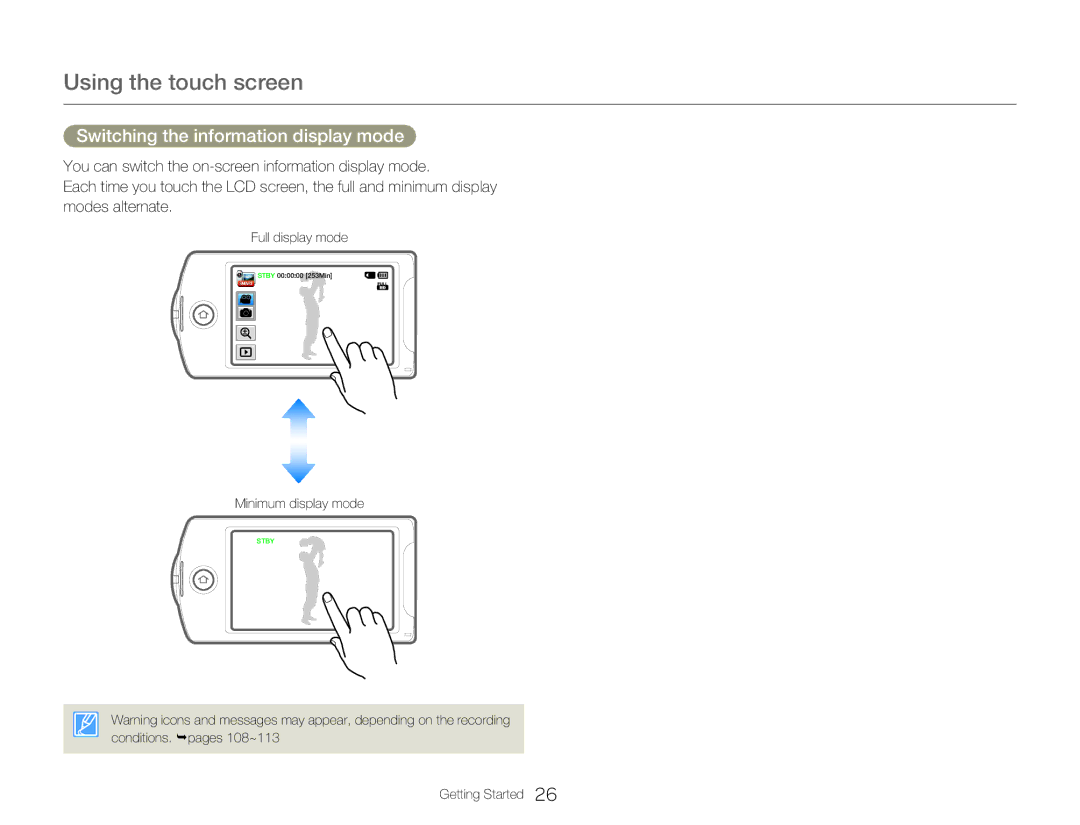 Samsung HMX-Q20RP/XER, HMX-Q200BP/EDC, HMX-QF20BP/EDC manual Using the touch screen, Switching the information display mode 