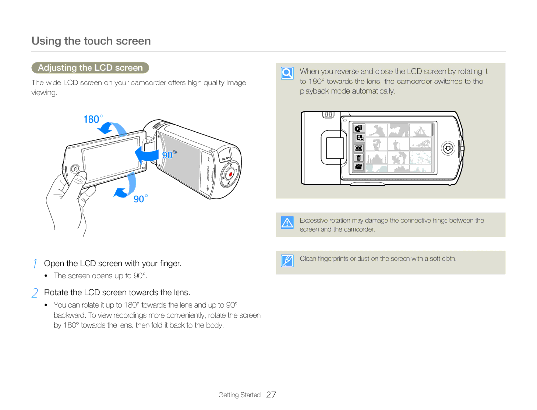 Samsung HMX-QF22BP/XER, HMX-Q200BP/EDC Adjusting the LCD screen, Open the LCD screen with your finger, Screen opens up to 