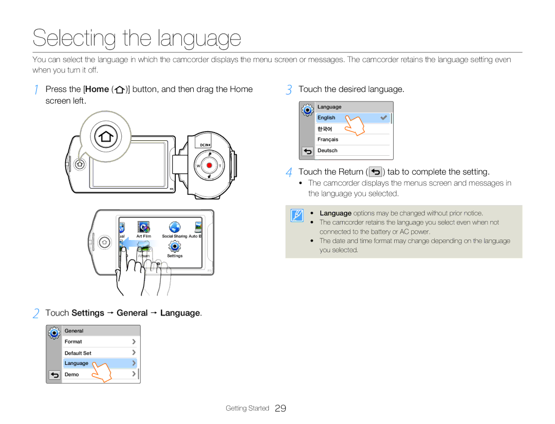 Samsung HMX-Q20BP/XIL, HMX-Q200BP/EDC Selecting the language, Press the Home button, and then drag the Home, Screen left 