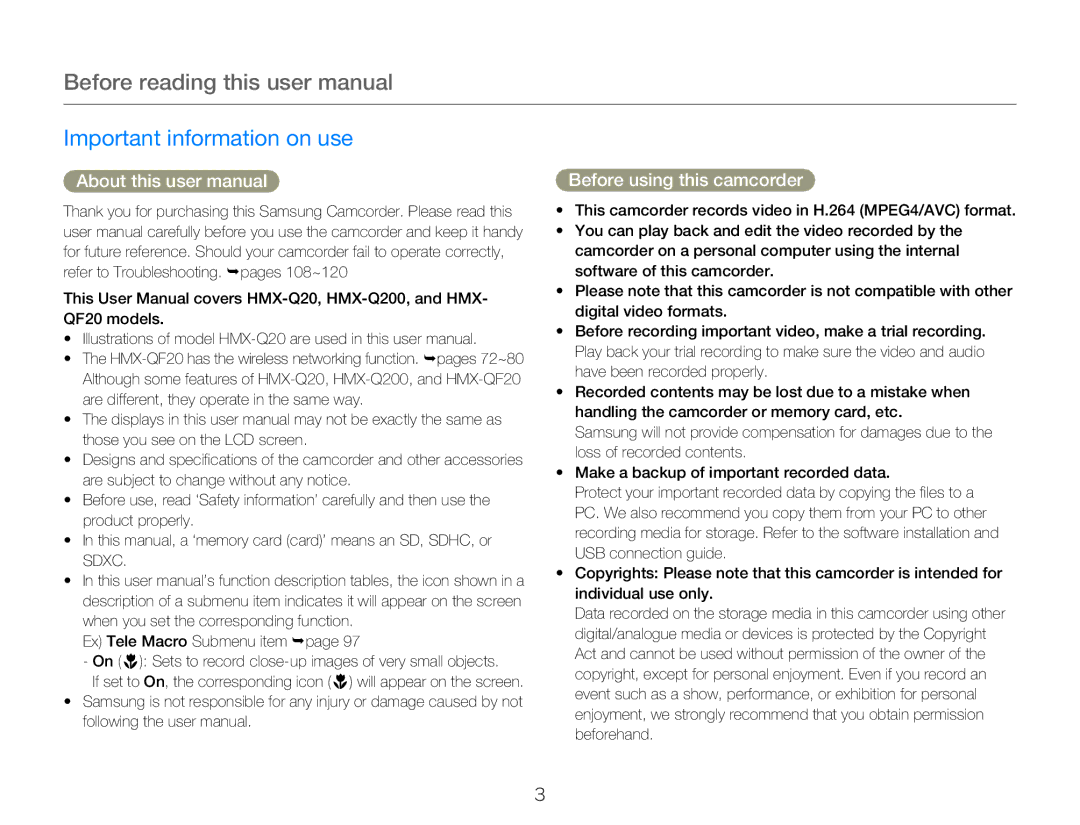 Samsung HMX-Q20BP/EDC, HMX-Q200BP/EDC, HMX-QF20BP/EDC manual Important information on use, Before using this camcorder 