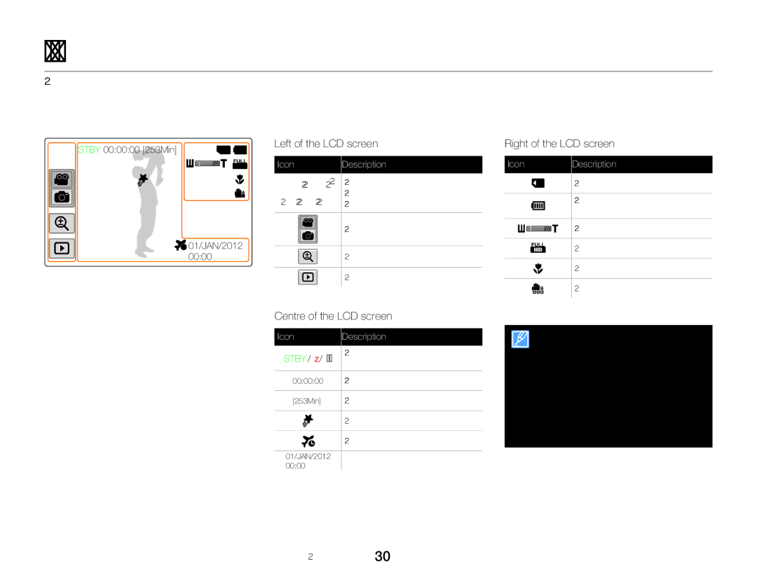 Samsung HMX-Q200BP/EDC manual Learning icons, Video recording mode, Left of the LCD screen, Centre of the LCD screen 