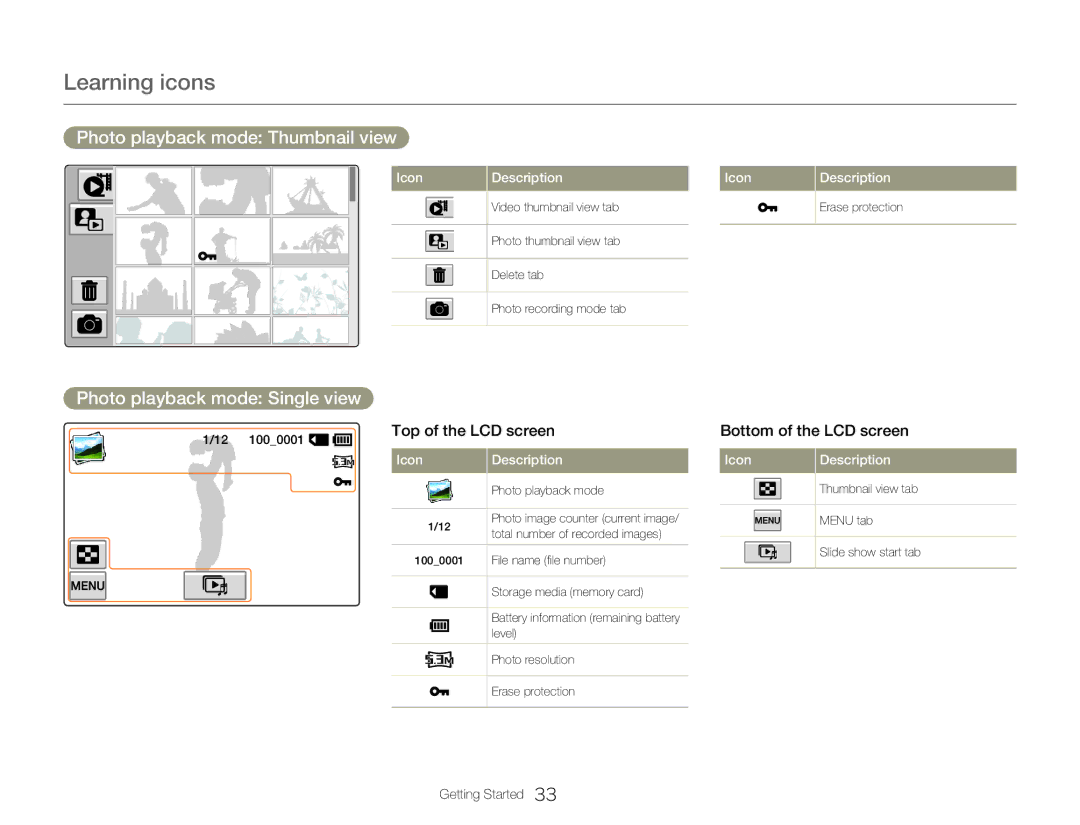 Samsung HMX-Q20BP/EDC, HMX-Q200BP/EDC, HMX-QF20BP/EDC Photo playback mode Thumbnail view, Photo playback mode Single view 